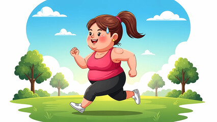 Happy Plus-Size Woman Jogging Outdoors in a Park, Embracing Fitness and Active Lifestyle