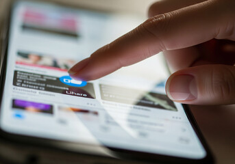 Digital interaction hand touches smartphone screen to explore content