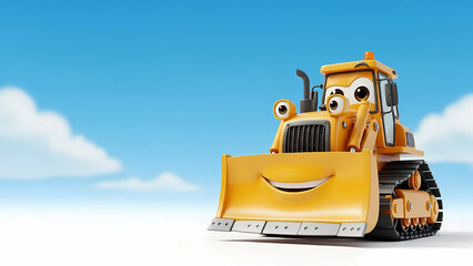 Cheerful Bulldozer Illustration A Smiling Construction Vehicle Against a Blue Sky Background
