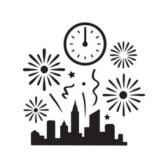 Fototapeta premium City skyline celebrates New Year's Eve with fireworks and a clock nearing midnight
