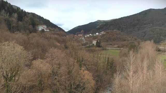 A revealing aerial shot moving through forest trees and appearing at Isaba village with a mountain landscape background on a cloudy day.