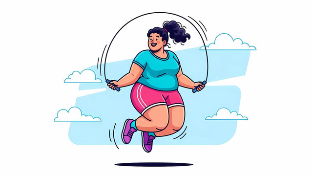 A joyous, plus-size woman joyfully jumping rope on a bright, clear day, embodying fitness and healthy living - Powered by Adobe