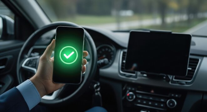 Driver holds smartphone with successful navigation check inside a car
