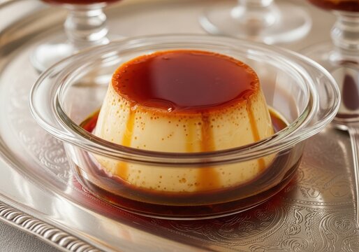 Creme caramel dessert in a glass bowl with caramel sauce, close up shot, elegant presentation