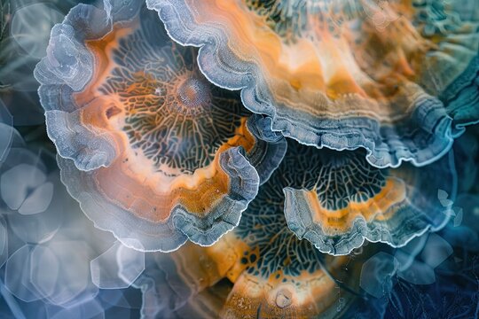 Abstract artistic composition of fungi and water microbiomes in vivid colors