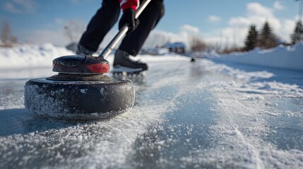 A person skating on ice, pushing a curling stone across a frozen surface under a bright, clear sky.