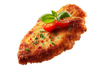 Milanesa breaded beef chicken schnitzel or cutlet with fresh tomato wedge, isolated on white transparent background, concept of South American Cuisine