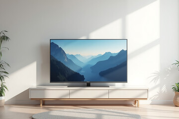 Modern living room with TV displaying mountain landscape on cabinet  