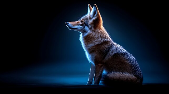Majestic coyote portrait gazing into the distance with a dramatic blue light backdrop