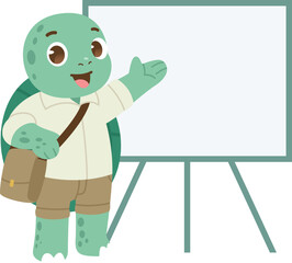 cute turtle character posing as a mentor beside a whiteboard