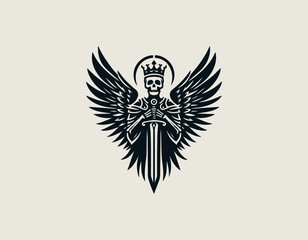 Obraz premium Imposing black vector graphic of a skeleton knight wearing armor and a crown, possessing majestic layered wings, holding a large sword pointed downwards.