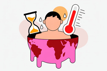 Person in melting earth bathtub with hourglass and thermometer symbolizing climate change