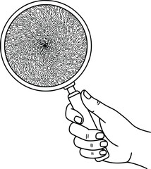 Hand holding magnifying glass reveals intricate circuit board vortex pattern illustration