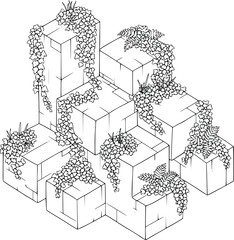 Isometric garden design with stone cubes and plants in black and white illustration