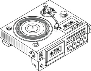 Line art illustration of turntable and tape player for music enthusiasts and audiophiles