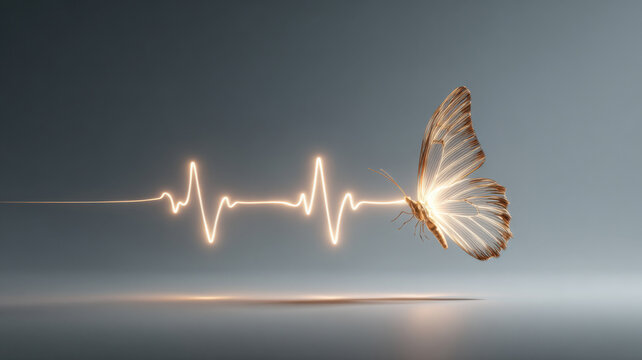 A vibrant butterfly gracefully follows a heartbeat line, symbolizing life, and change