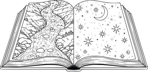 Open book with nature and night sky illustrations evokes storytelling and imagination
