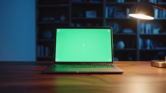 Green Screen Laptop Displaying Blank Content on a Wooden Desk in a Dimly Lit Home Office Setting