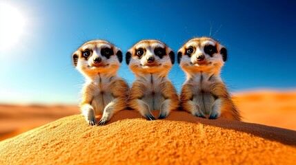 Three meerkats observing the desert landscape wildlife photography bright sunlight close-up view animal behavior insights