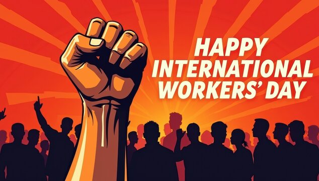 Happy international workers day fist raised in solidarity with crowd
