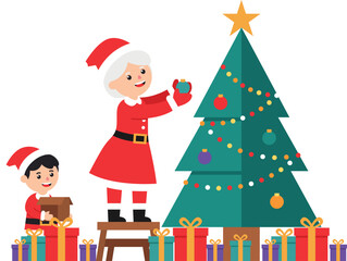 Mrs. Claus is decorating the Christmas tree with a child.