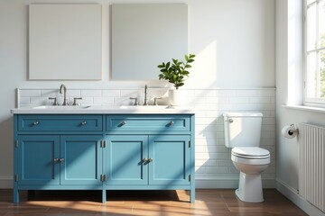 Fototapeta premium Bright and airy bathroom with double vanity and freestanding toilet