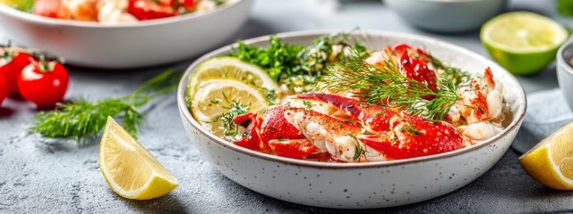 A bowl of food with a lemon wedge on the side