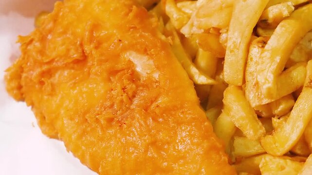 Overview of Delicious British Fish and Chips in Traditional White Paper with Crispy Batter. English Cuisine Takeaway Dinner Food. Deep Fried Fresh Cod Seafood Served in Britain.