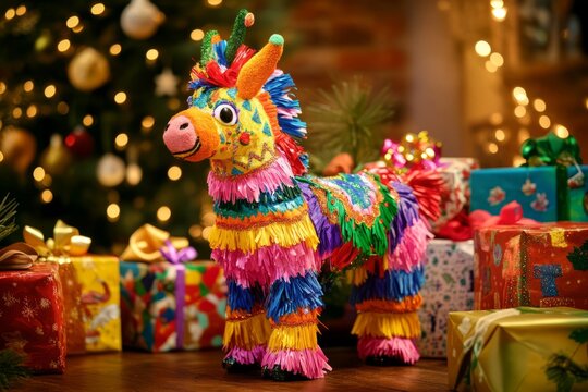 Brightly decorated handmade pinata in vibrant colors, surrounded by colorful wrapping paper and festive crafts, showcasing the artistry and creativity of traditional celebrations