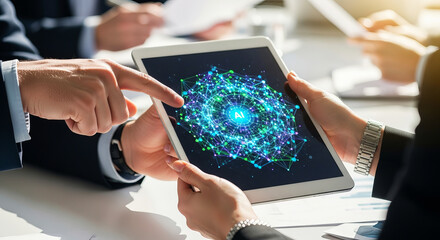 Business professionals collaborating on a tablet displaying an AI interface in a modern office setting for strategic planning and innovation