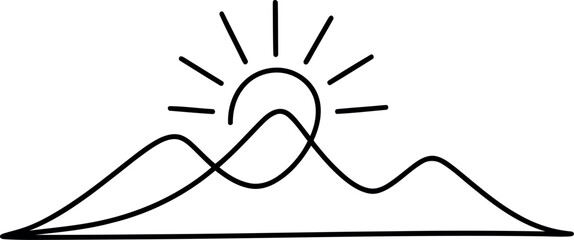 Obraz premium Black line art sun rising over abstract mountains sunrise nature