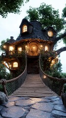 Obraz premium Enchanting Treetop House with Rope Bridge at Dusk.