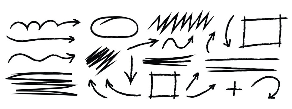Doodle arrows, lines, shapes icon vector. Black hand drawn chalk marker stripes, highlighters and underlines. arrows, wavy lines, straight lines, circles, squares symbol. vector illustration.