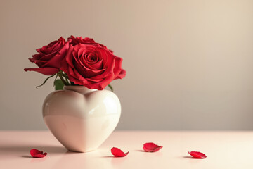 Red roses arranged in heart-shaped vase on soft pink background  