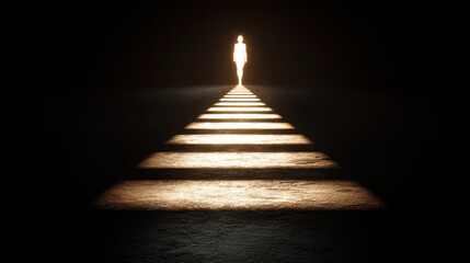 Silhouette of person stands at end of path illuminated by light, creating dramatic contrast against dark surroundings. scene evokes sense of mystery and anticipation