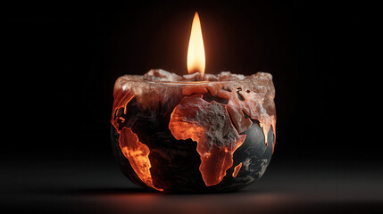 Globe shaped candle with melting surface represents global warming, highlighting environmental concerns. continents are visible, and flame adds dramatic effect