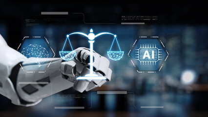 A futuristic robotic arm holds scales of justice beside an AI symbol, representing the intersection...
