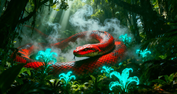 Crimson Jungle Viper Among Bioluminescent Flora