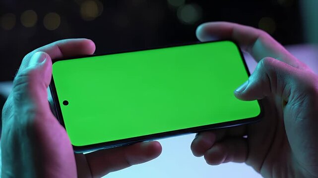 Hands Holding a Smartphone with Green Screen for App Mockup or Gaming