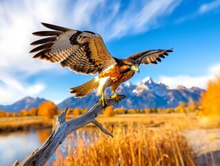 Majestic hawk in flight grand teton national park wildlife photography autumn landscape close-up view nature's beauty