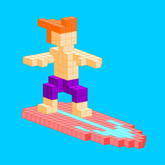 Pixel Surfer Character. Colorful pixel surfer character on a block surfboard in playful retro style for digital art, gaming themes, and fun illustration assets