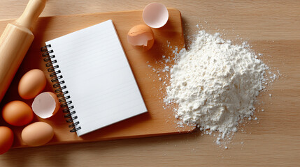 Top-View Kitchen Baking Mockup with Blank Notepad on Flour-Dusted Board

