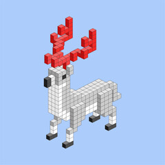 3D Pixel Reindeer. White and red 3D pixel reindeer figure in block style for winter themes, holiday artwork, and creative digital illustration