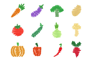 A collection of various sketched vegetables displayed in vibrant colors