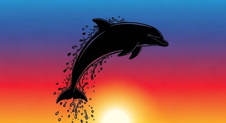 Vibrant sunset graphic of a leaping dolphin against a colorful sky, perfect for beach posters, summer promotions, or marine life awareness campaigns