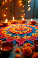 Colorful rangoli design with diyas for diwali festival celebration