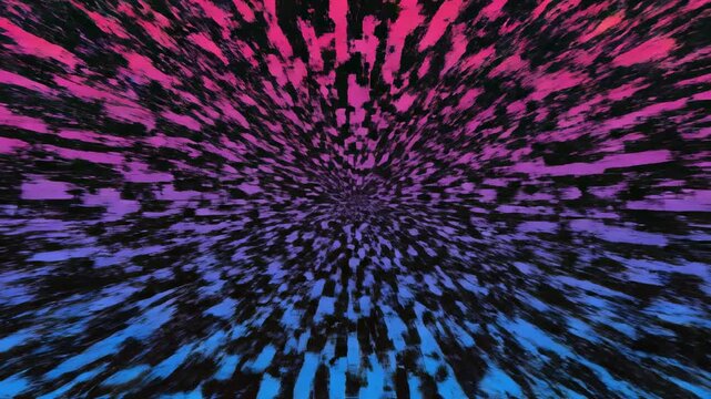 Rapid geometric distortion and digital artifacts creating an erratic pulsing glitch effect over a vibrant gradient screen