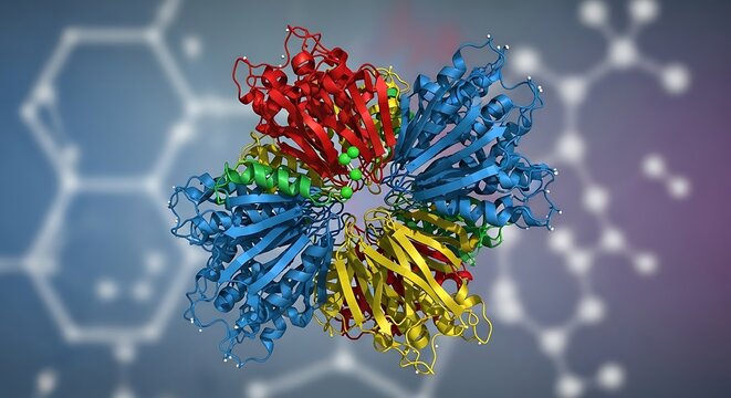 3D illustration of colorful protein molecular structure on abstract chemical background
 - Powered by Adobe
