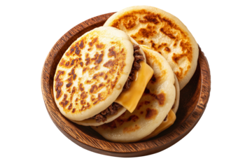 Grilled arepas plain sandwich filled with melted cheese and ground beef on wooden plate, isolated on white transparent background, concept of Latin street food