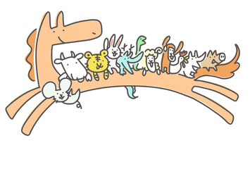 走る馬に乗るかわいい十二支の動物達　2026　手描き　干支